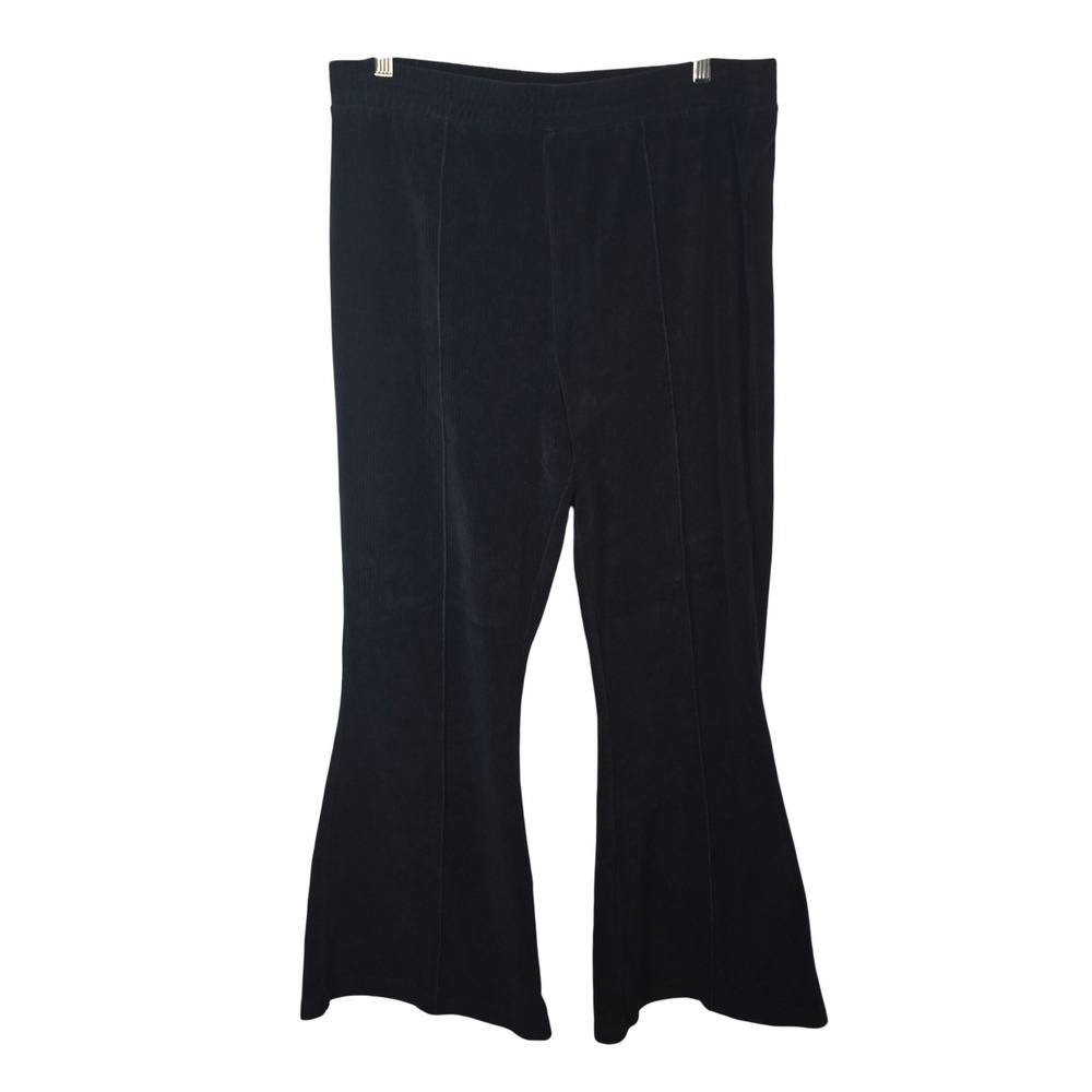 Aerie Womens XL Black Corduroy Flare Pants High Rise Elastic Waist Pintuck Seam